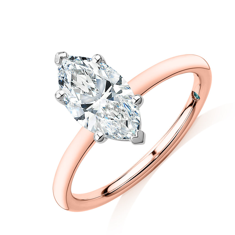 Premium Certified Lab-Grown Diamond, 1.50 carat marquise solitaire engagement ring in 14 carat rose and white gold