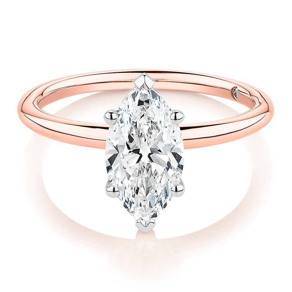 Signature Simulant Diamond 1.50 carat* marquise solitaire engagement ring in 10 carat rose and white gold