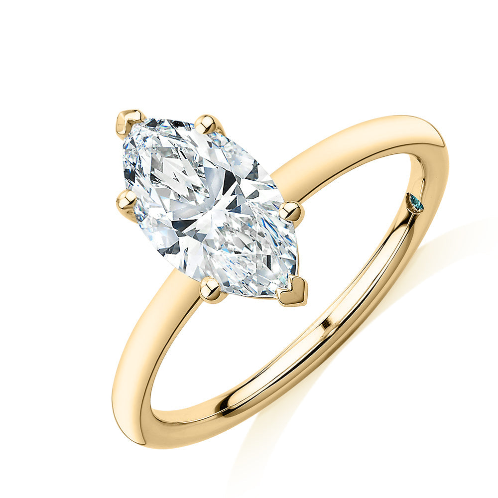 Premium Certified Lab-Grown Diamond, 1.50 carat marquise solitaire engagement ring in 14 carat yellow gold