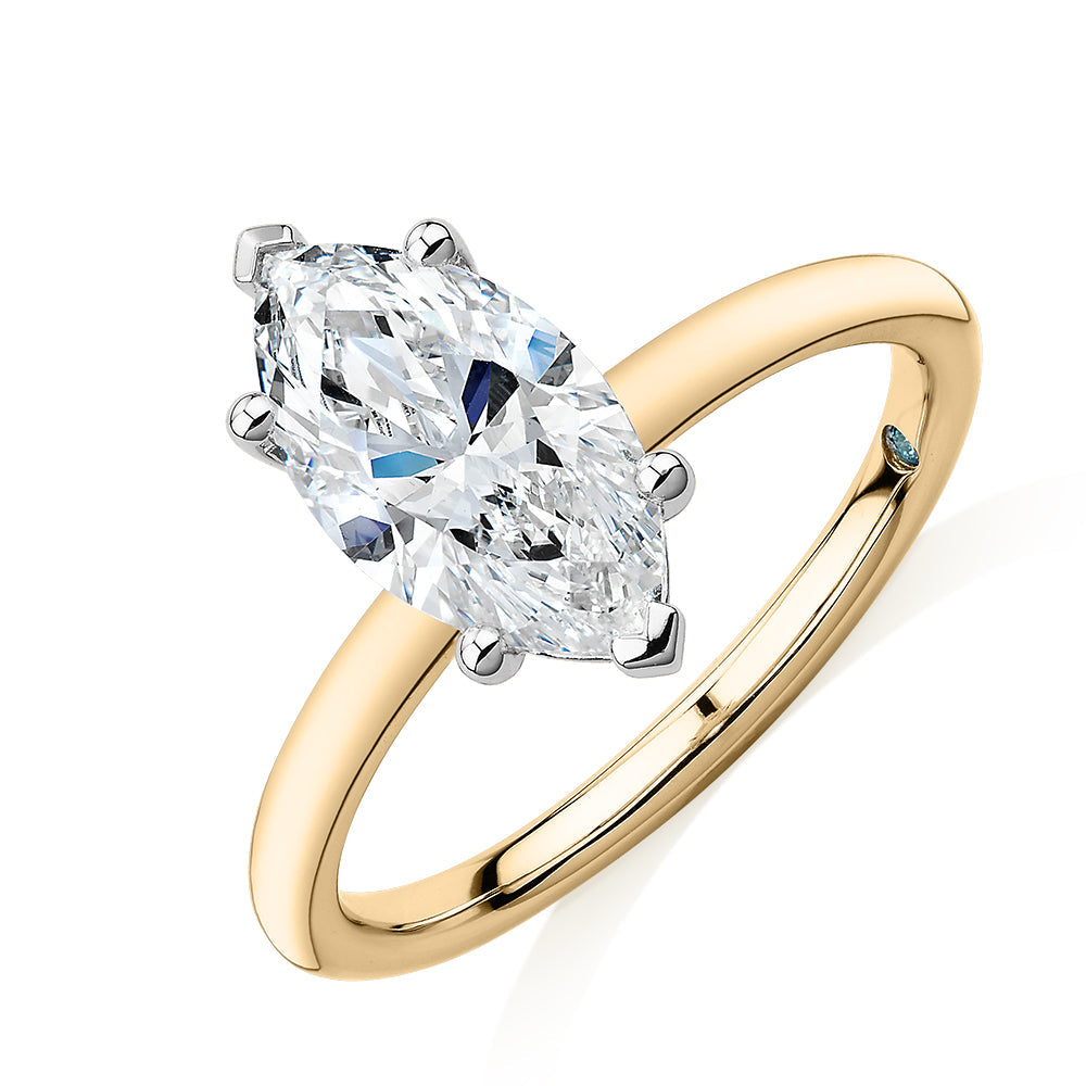 Premium Certified Lab-Grown Diamond, 2.00 carat marquise solitaire engagement ring in 14 carat yellow and white gold