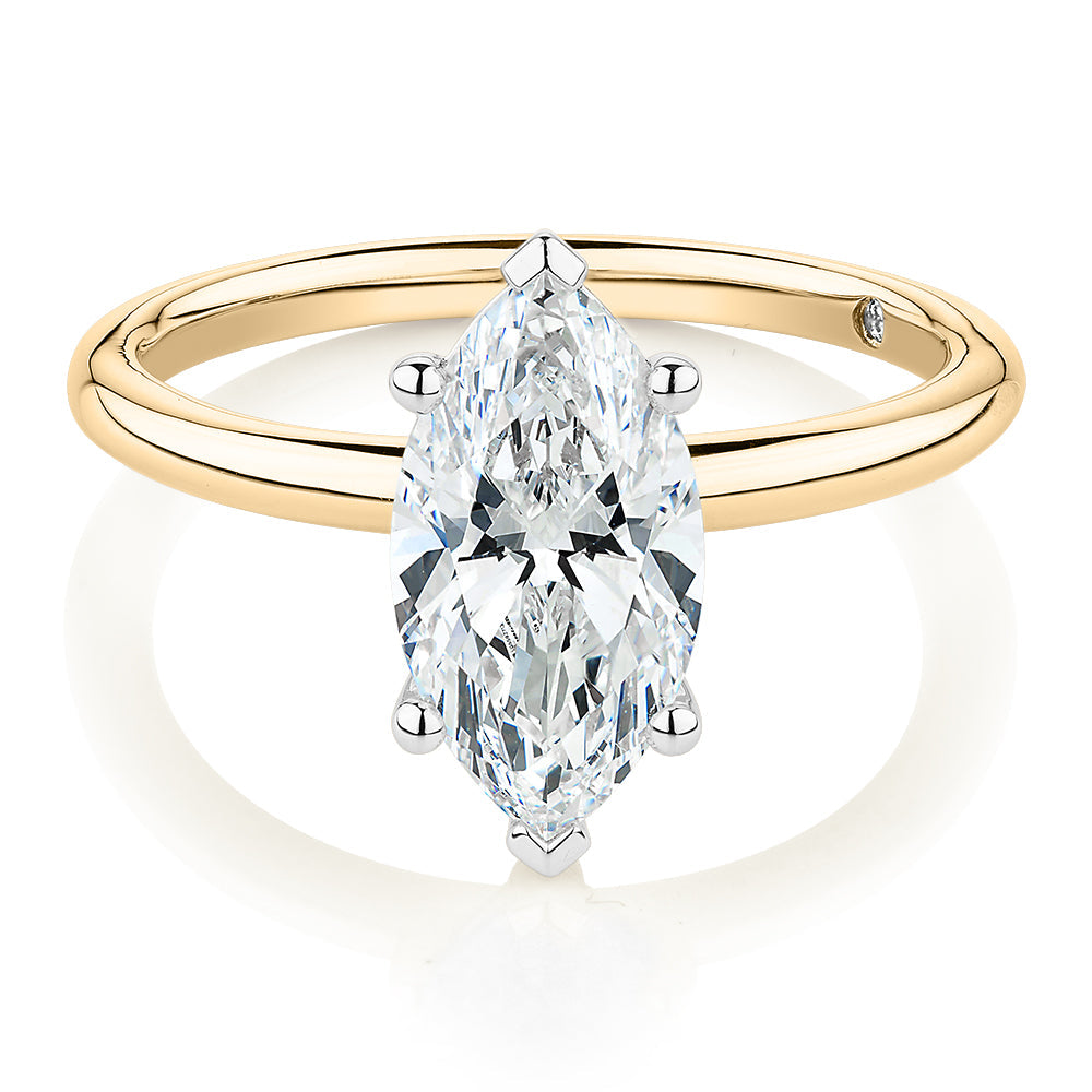 Signature Simulant Diamond 2.00 carat* marquise solitaire engagement ring in 10 carat yellow and white gold