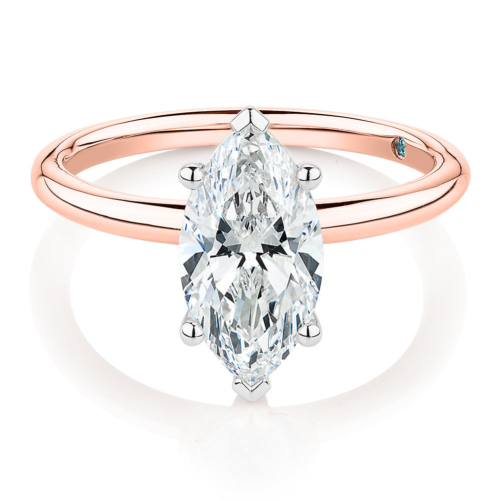 Premium Certified Lab-Grown Diamond, 2.00 carat marquise solitaire engagement ring in 14 carat rose and white gold