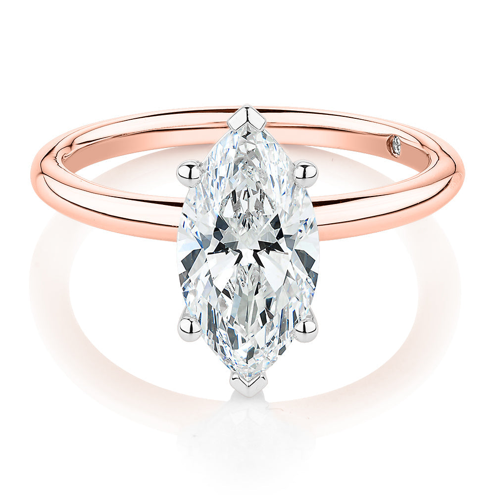 Signature Simulant Diamond 2.00 carat* marquise solitaire engagement ring in 10 carat rose and white gold
