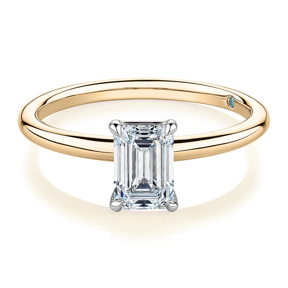 Premium Certified Laboratory Created Diamond, 1.00 carat emerald cut solitaire engagement ring in 18 carat yellow and white gold