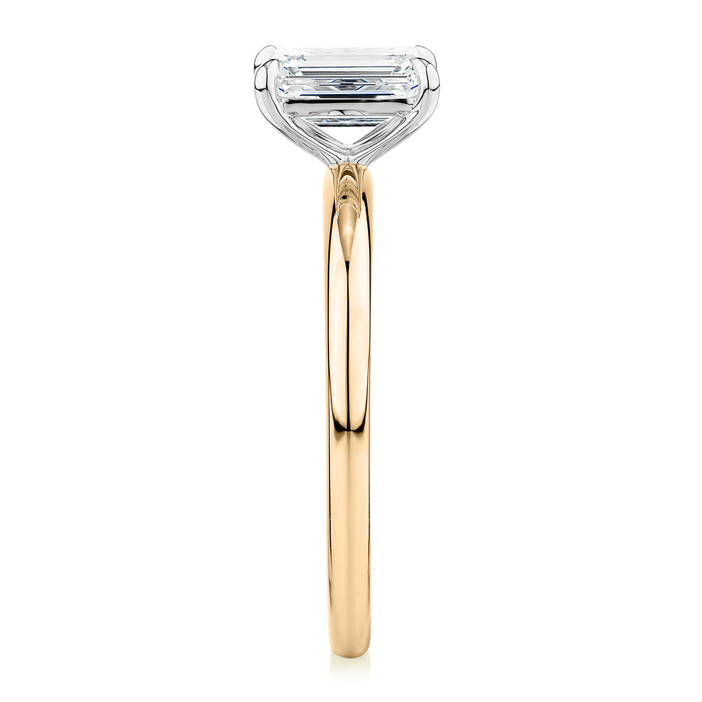 Premium Certified Lab-Grown Diamond, 1.00 carat emerald cut solitaire engagement ring in 14 carat yellow and white gold