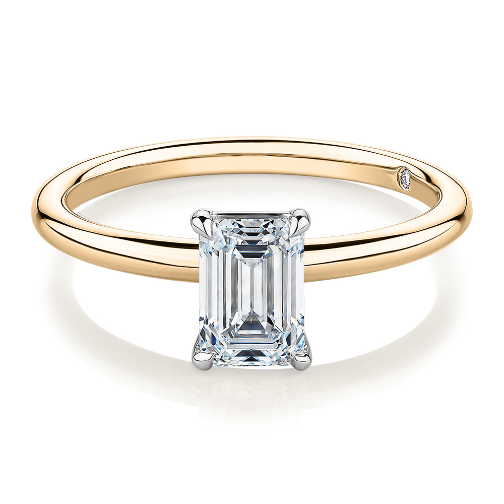 Signature Simulant Diamond 1.00 carat* emerald cut solitaire engagement ring in 10 carat yellow and white gold