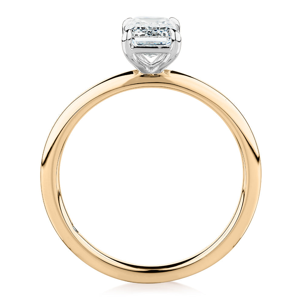 Signature Simulant Diamond 1.00 carat* emerald cut solitaire engagement ring in 10 carat yellow and white gold
