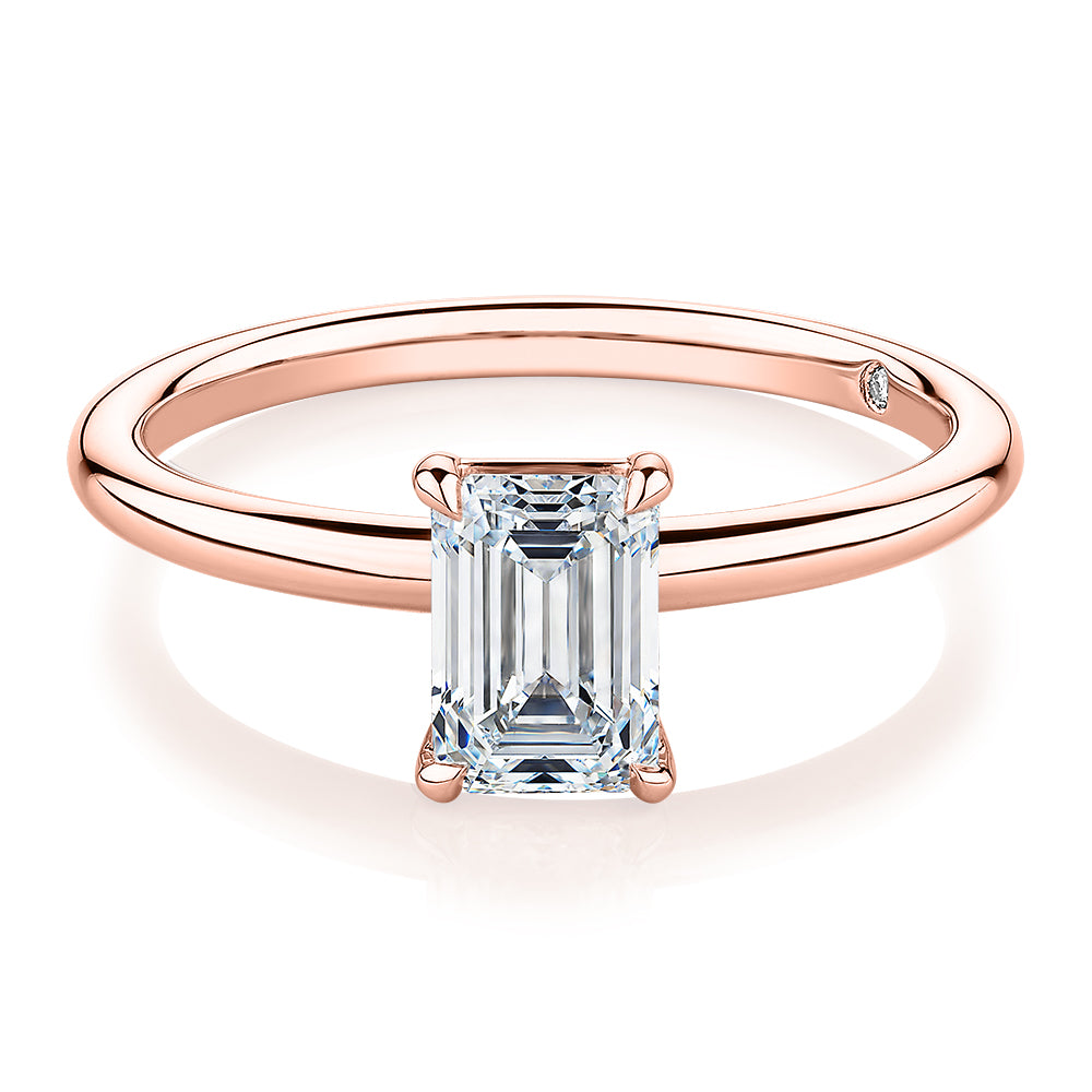 Signature Simulant Diamond 1.00 carat* emerald cut solitaire engagement ring in 10 carat rose gold