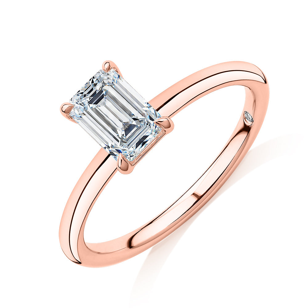 Signature Simulant Diamond 1.00 carat* emerald cut solitaire engagement ring in 10 carat rose gold