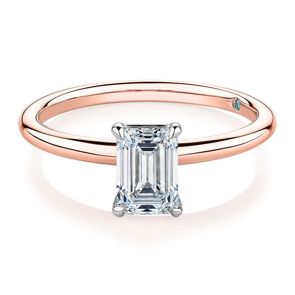 Premium Certified Lab-Grown Diamond, 1.00 carat emerald cut solitaire engagement ring in 14 carat rose and white gold
