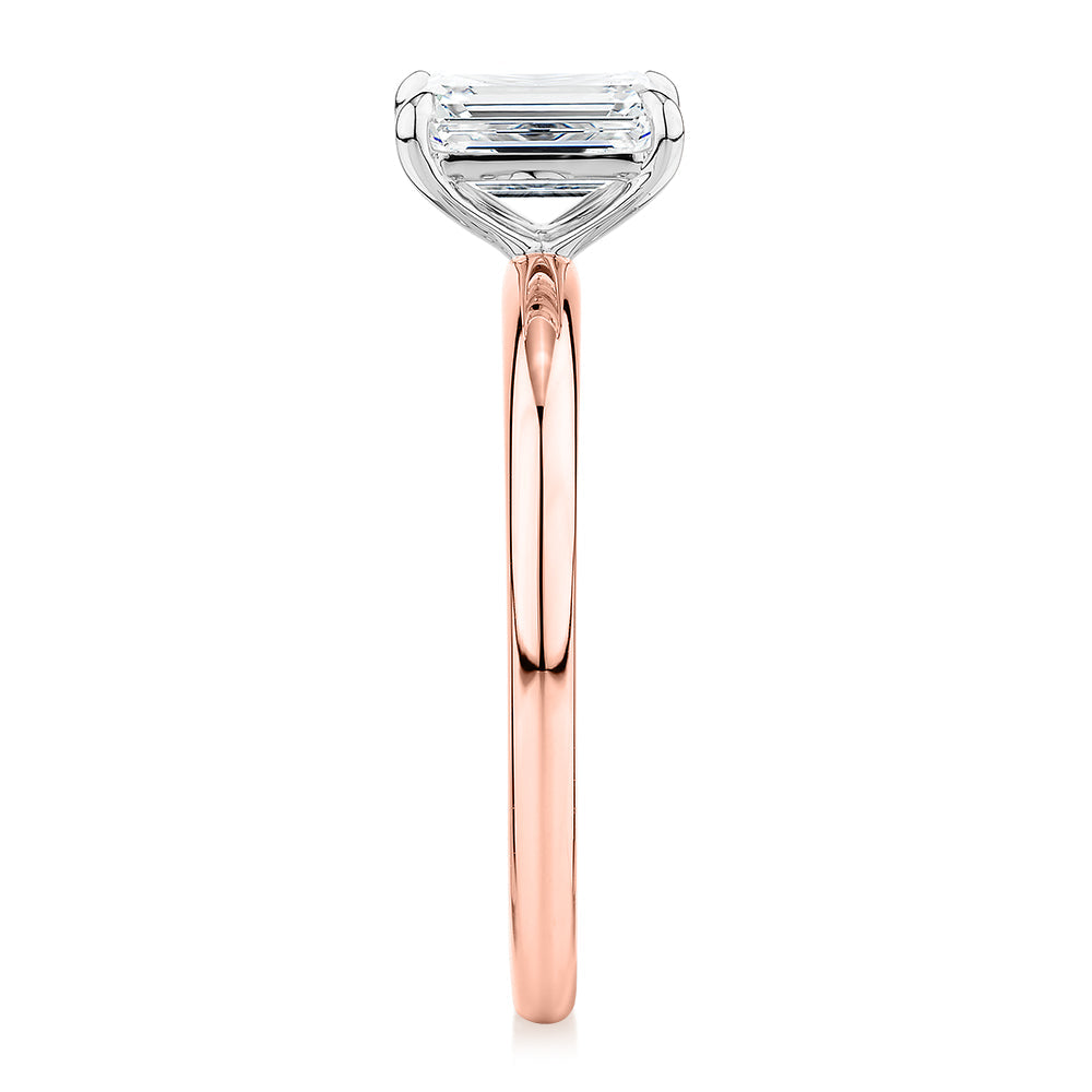 Premium Certified Laboratory Created Diamond, 1.00 carat emerald cut solitaire engagement ring in 18 carat rose and white gold