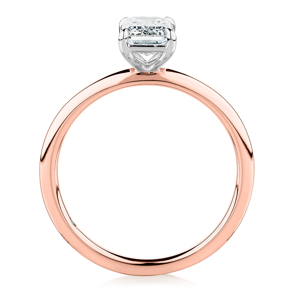 Premium Certified Lab-Grown Diamond, 1.00 carat emerald cut solitaire engagement ring in 14 carat rose and white gold