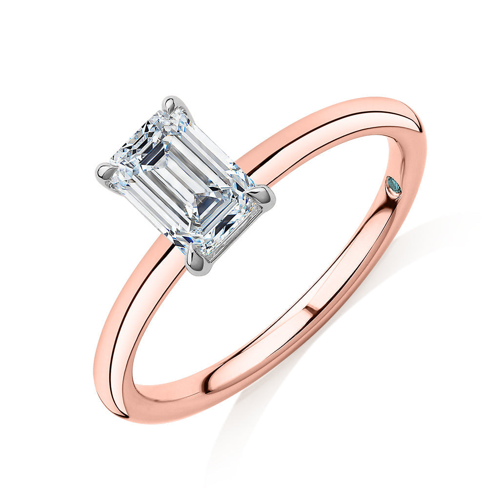 Premium Certified Lab-Grown Diamond, 1.00 carat emerald cut solitaire engagement ring in 14 carat rose and white gold