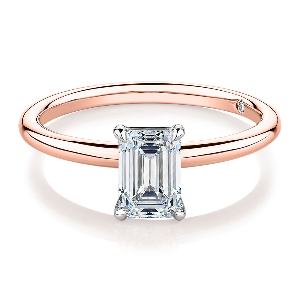 Signature Simulant Diamond 1.00 carat* emerald cut solitaire engagement ring in 10 carat rose and white gold