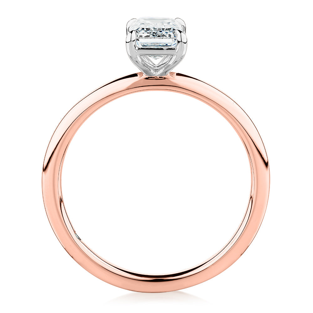 Signature Simulant Diamond 1.00 carat* emerald cut solitaire engagement ring in 10 carat rose and white gold