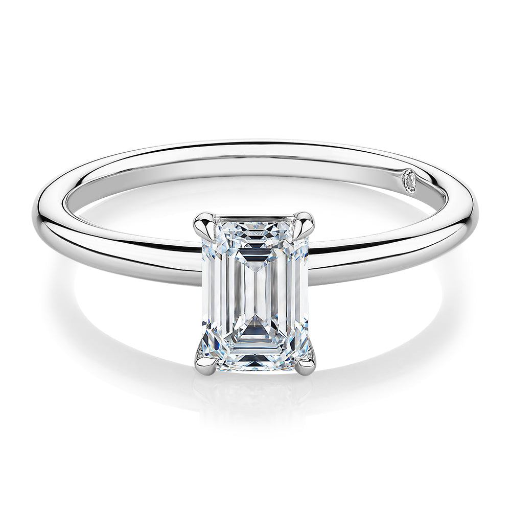 Signature Simulant Diamond 1.00 carat* emerald cut solitaire engagement ring in 10 carat white gold