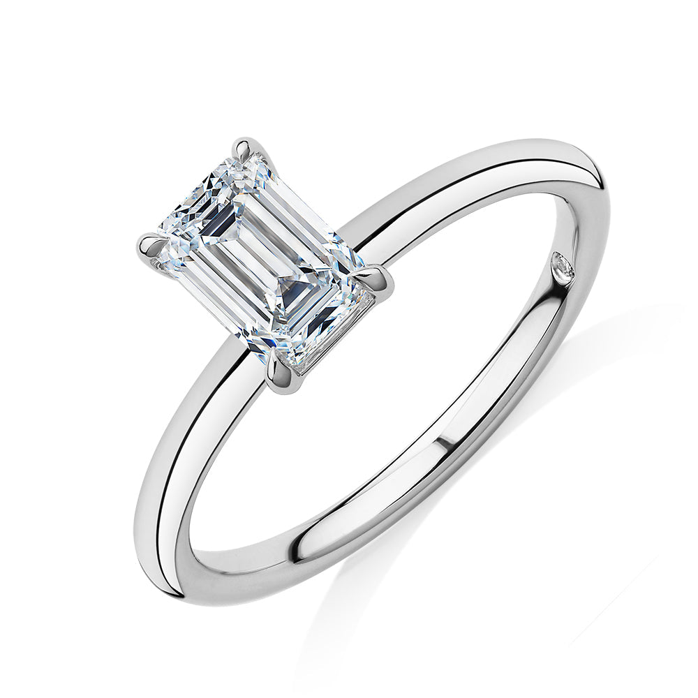 Signature Simulant Diamond 1.00 carat* emerald cut solitaire engagement ring in 10 carat white gold
