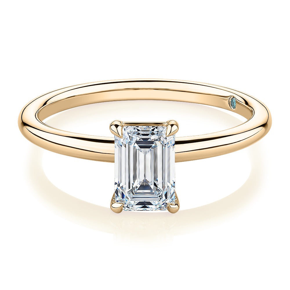 Premium Certified Lab-Grown Diamond, 1.00 carat emerald cut solitaire engagement ring in 14 carat yellow gold