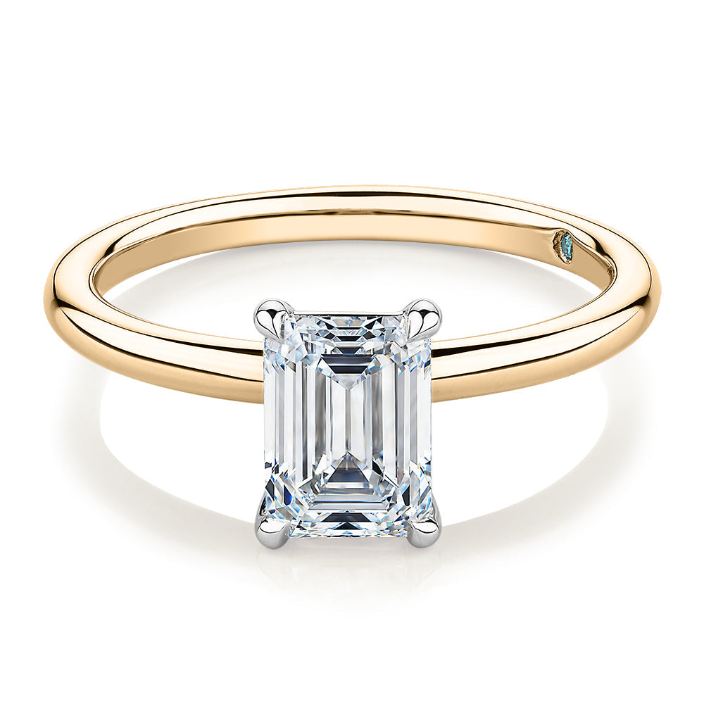 Premium Certified Lab-Grown Diamond, 1.50 carat emerald cut solitaire engagement ring in 14 carat yellow and white gold