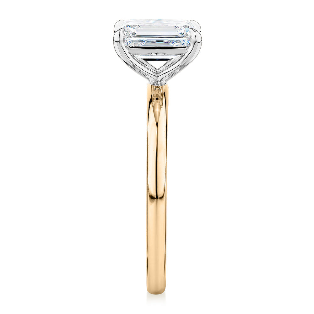 Premium Certified Laboratory Created Diamond, 1.50 carat emerald cut solitaire engagement ring in 18 carat yellow and white gold