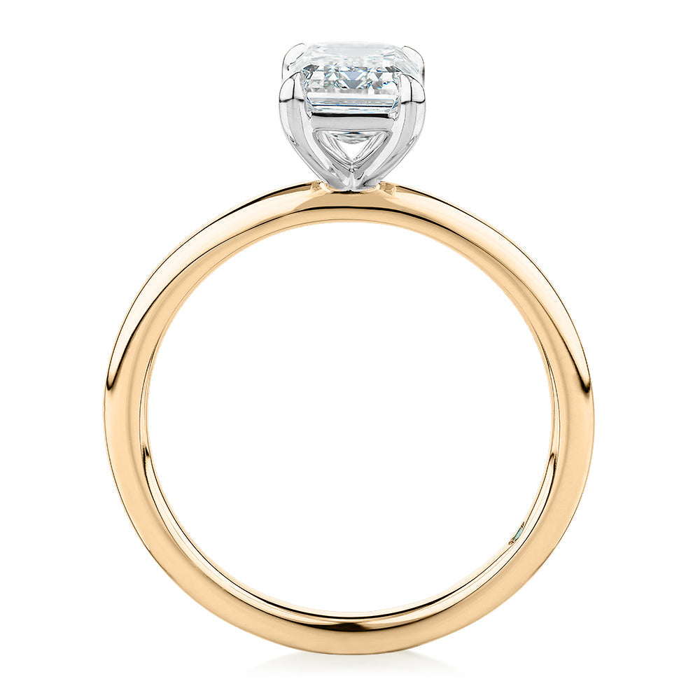 Premium Certified Lab-Grown Diamond, 1.50 carat emerald cut solitaire engagement ring in 14 carat yellow and white gold