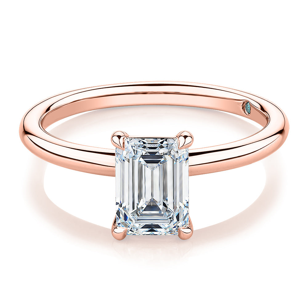 Premium Certified Lab-Grown Diamond, 1.50 carat emerald cut solitaire engagement ring in 14 carat rose gold