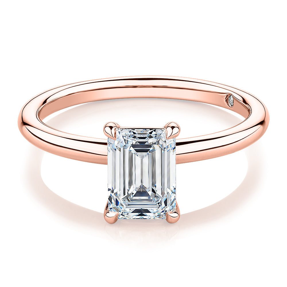 Signature Simulant Diamond 1.50 carat* emerald cut solitaire engagement ring in 10 carat rose gold