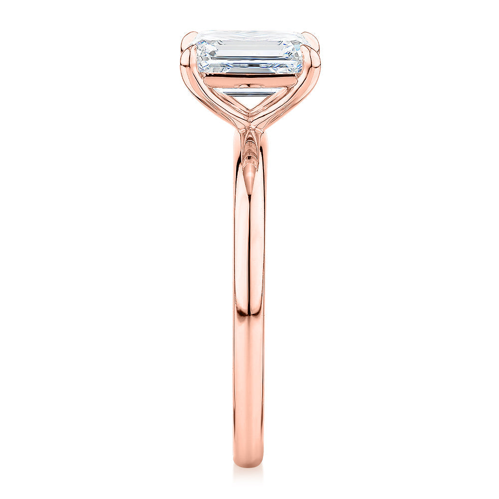 Signature Simulant Diamond 1.50 carat* emerald cut solitaire engagement ring in 10 carat rose gold