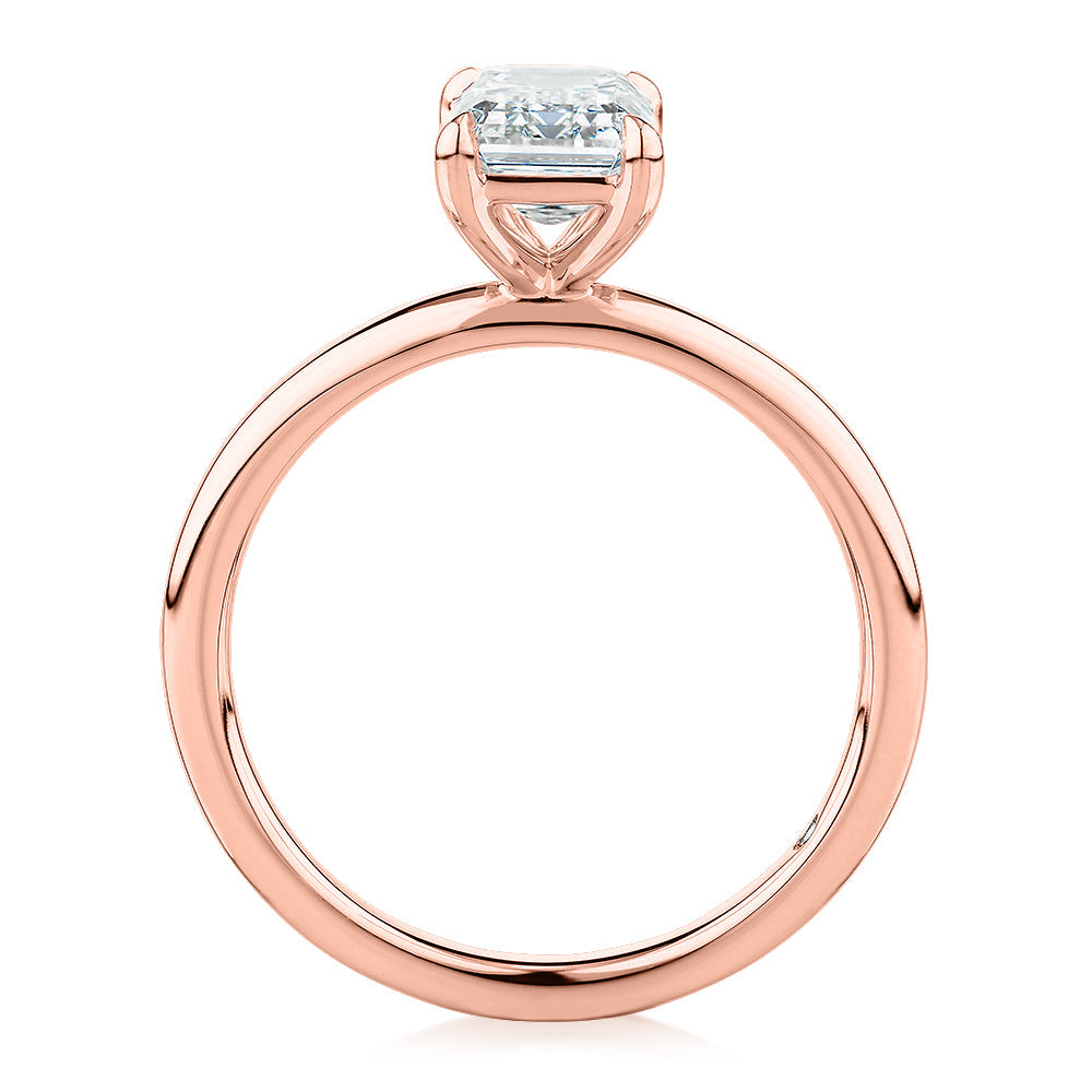 Signature Simulant Diamond 1.50 carat* emerald cut solitaire engagement ring in 10 carat rose gold