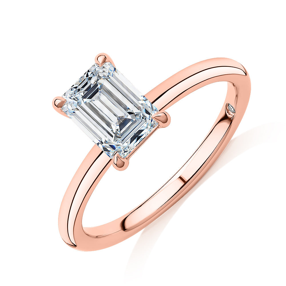 Signature Simulant Diamond 1.50 carat* emerald cut solitaire engagement ring in 10 carat rose gold