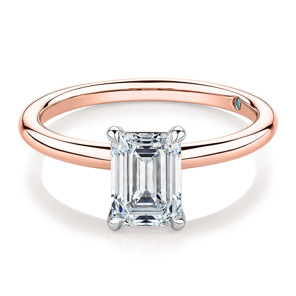 Premium Certified Lab-Grown Diamond, 1.50 carat emerald cut solitaire engagement ring in 14 carat rose and white gold