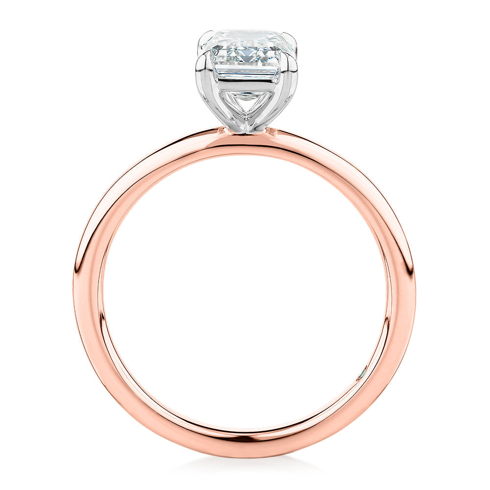 Premium Certified Lab-Grown Diamond, 1.50 carat emerald cut solitaire engagement ring in 14 carat rose and white gold