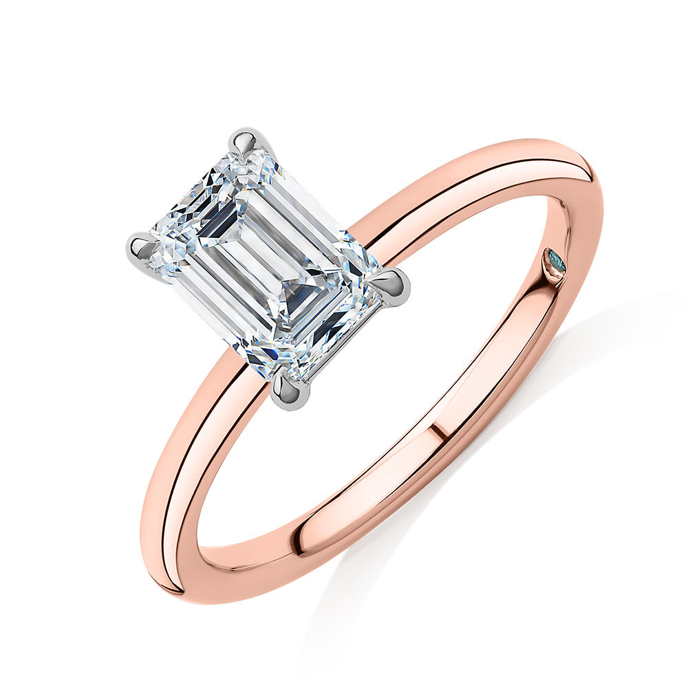 Premium Certified Lab-Grown Diamond, 1.50 carat emerald cut solitaire engagement ring in 14 carat rose and white gold