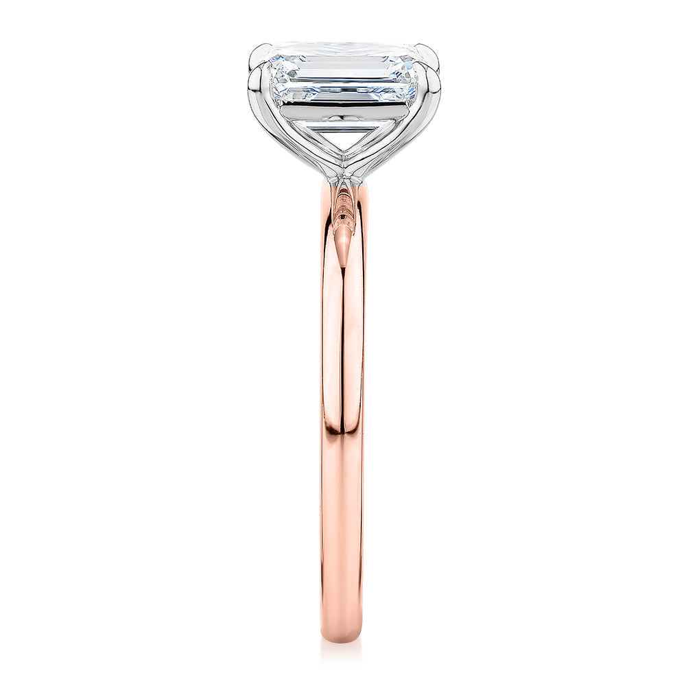 Signature Simulant Diamond 1.50 carat* emerald cut solitaire engagement ring in 10 carat rose and white gold