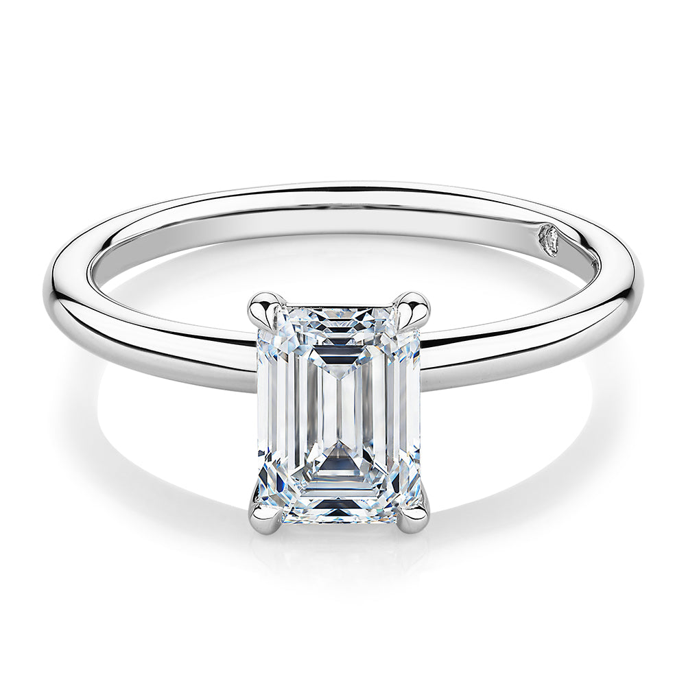 Signature Simulant Diamond 1.50 carat* emerald cut solitaire engagement ring in 10 carat white gold