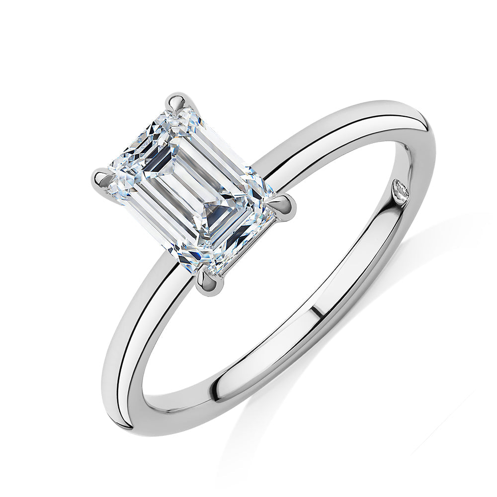 Signature Simulant Diamond 1.50 carat* emerald cut solitaire engagement ring in 10 carat white gold