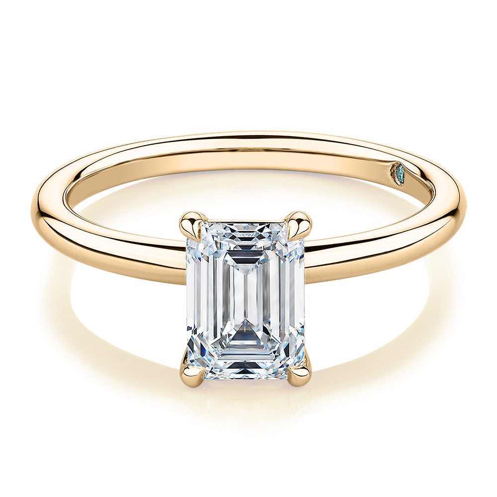 Premium Certified Lab-Grown Diamond, 1.50 carat emerald cut solitaire engagement ring in 14 carat yellow gold