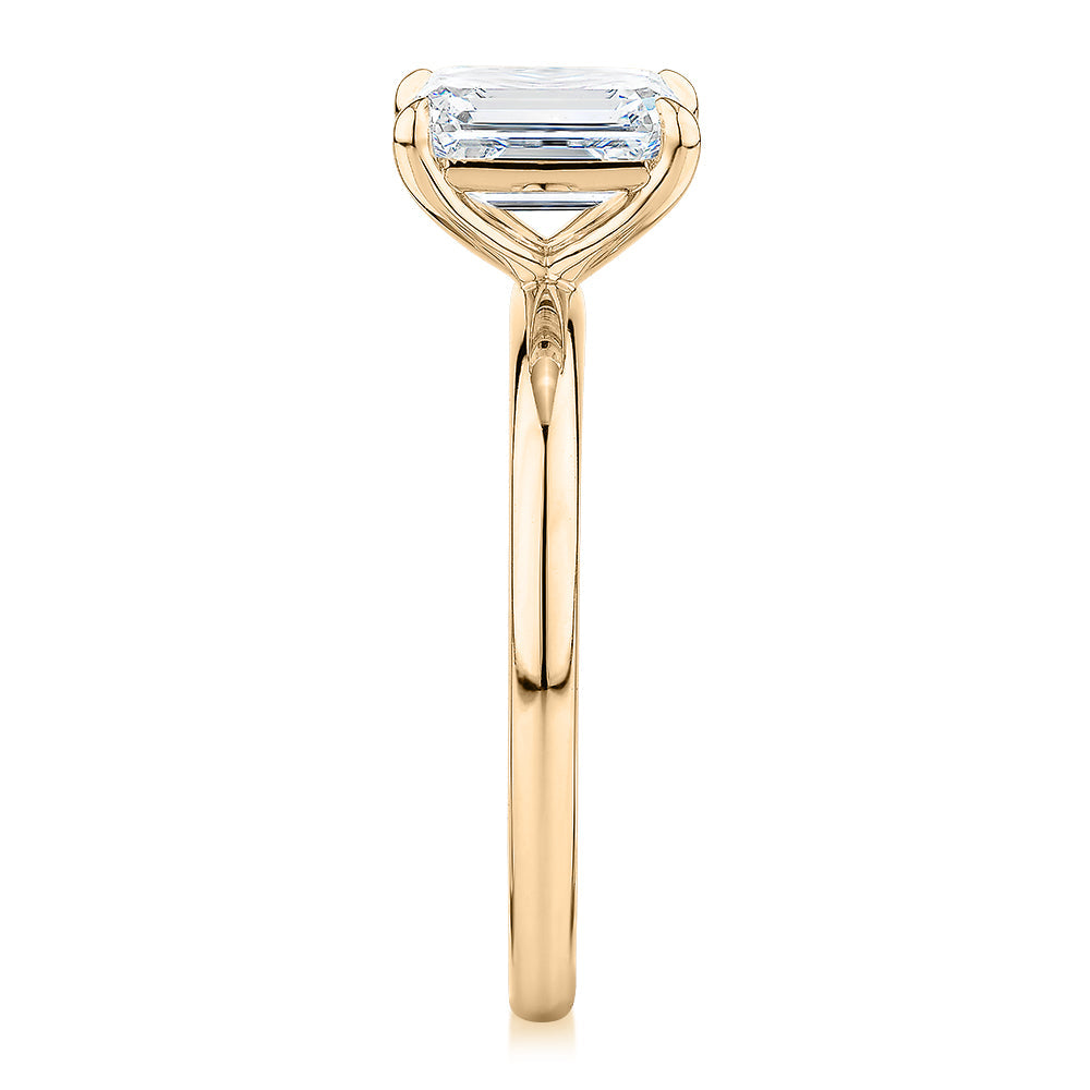 Premium Certified Laboratory Created Diamond, 1.50 carat emerald cut solitaire engagement ring in 18 carat yellow gold