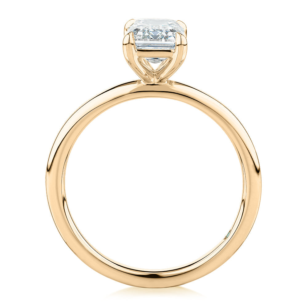 Premium Certified Lab-Grown Diamond, 1.50 carat emerald cut solitaire engagement ring in 14 carat yellow gold
