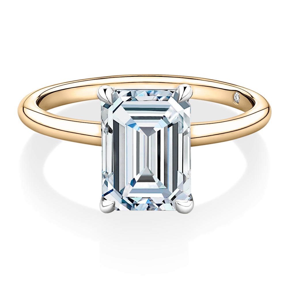 Lab-Grown Simulant, 3 carat* emerald cut solitaire engagement ring in 10 carat yellow and white gold