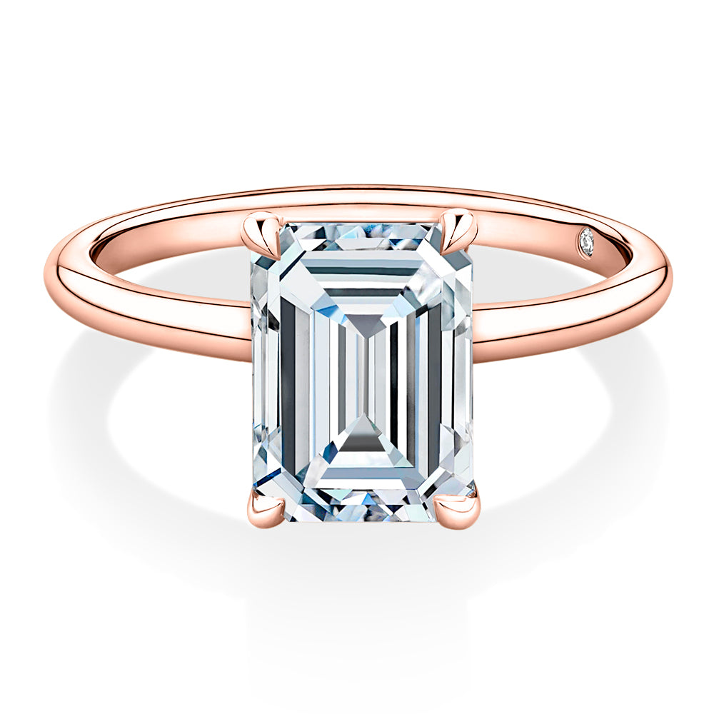 Lab-Grown Simulant, 3 carat* emerald cut solitaire engagement ring in 10 carat rose gold