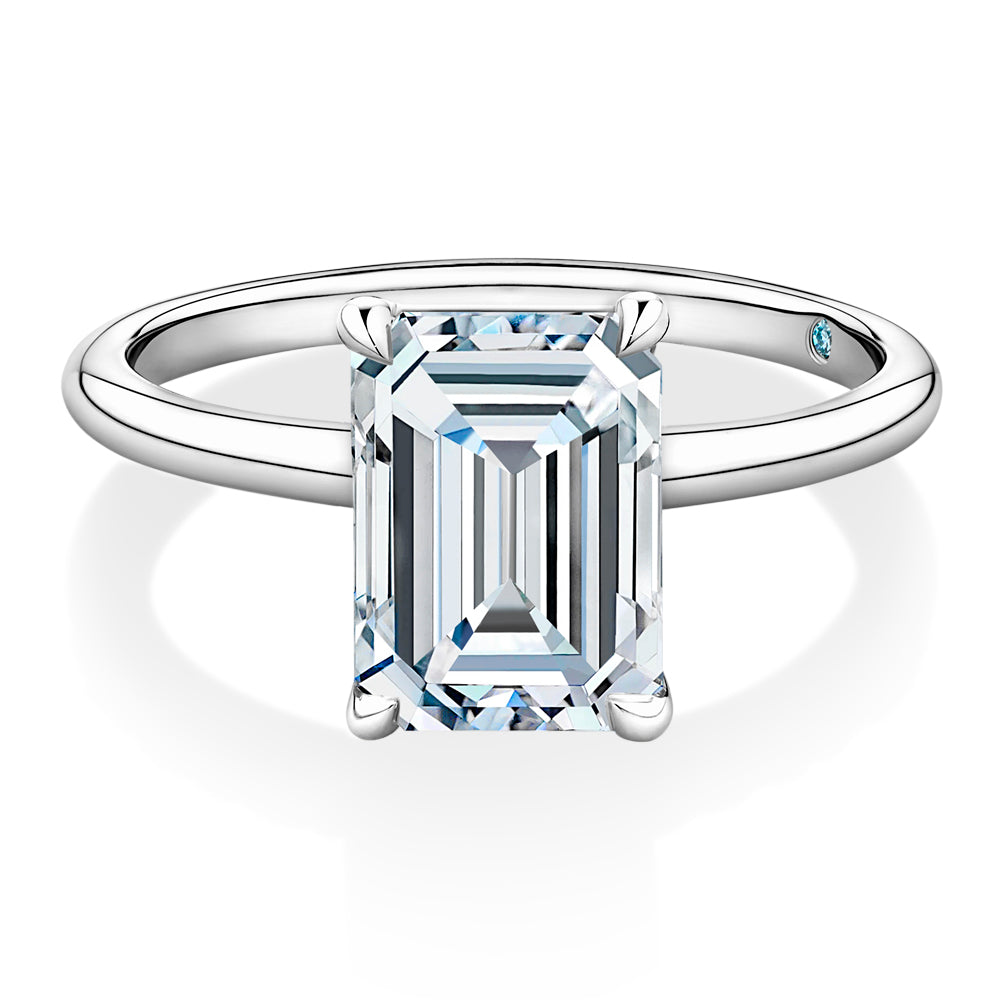 Lab-Grown Simulant, 3 carat* emerald cut solitaire engagement ring in 10 carat white gold