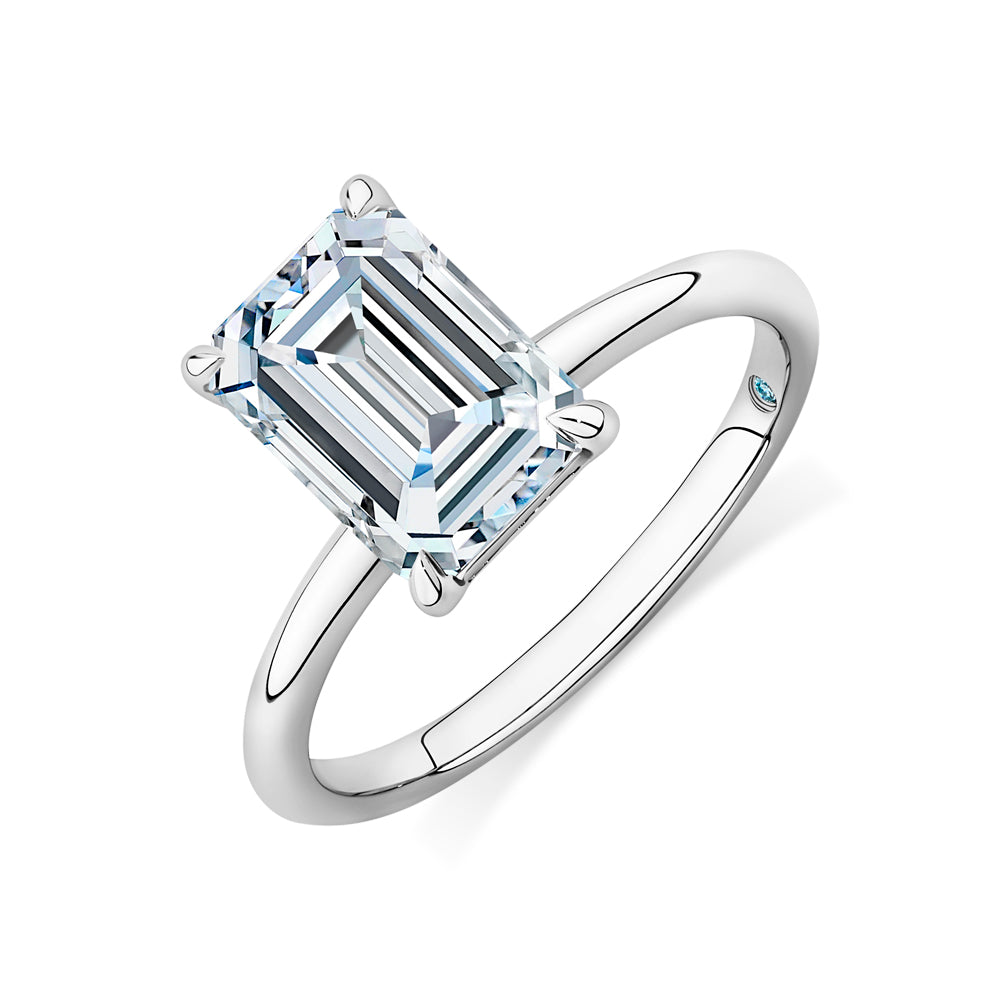 Certified Lab-Grown Diamond, 3 carat emerald cut solitaire engagement ring in 14 carat white gold