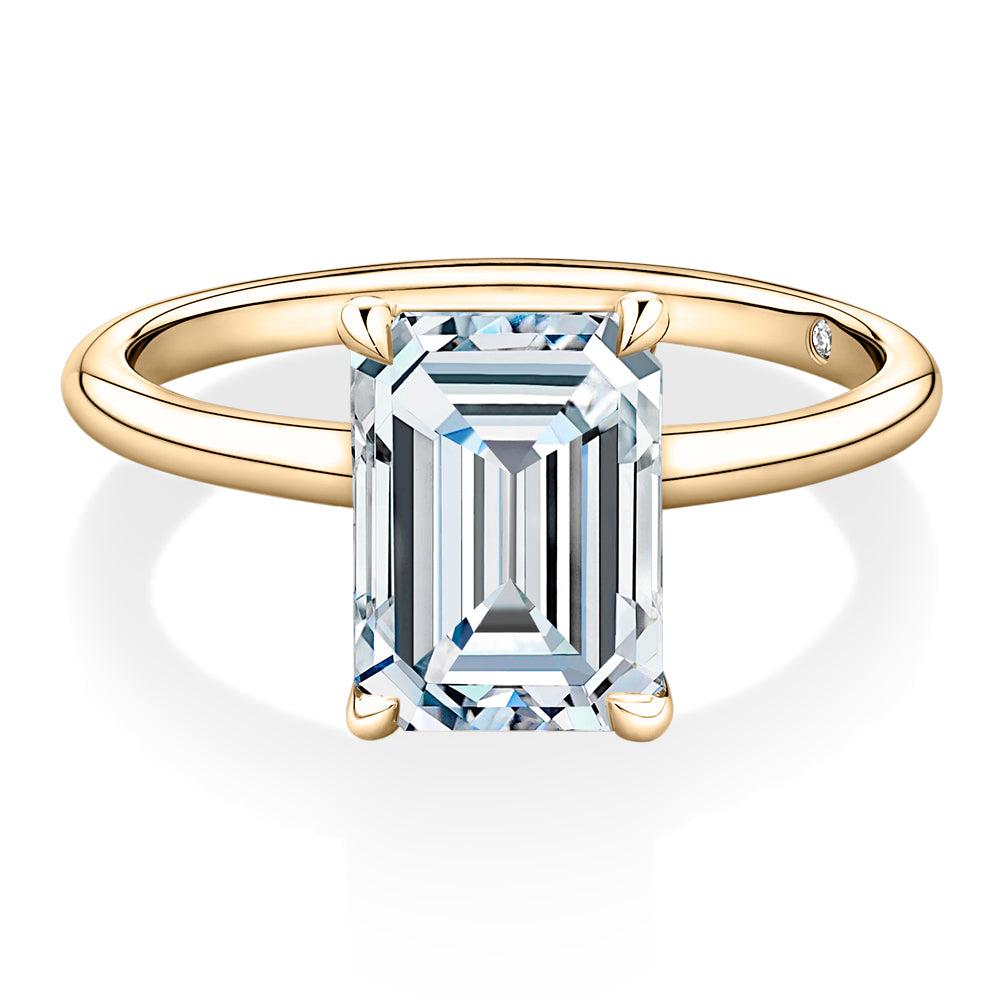 Lab-Grown Simulant, 3 carat* emerald cut solitaire engagement ring in 10 carat yellow gold