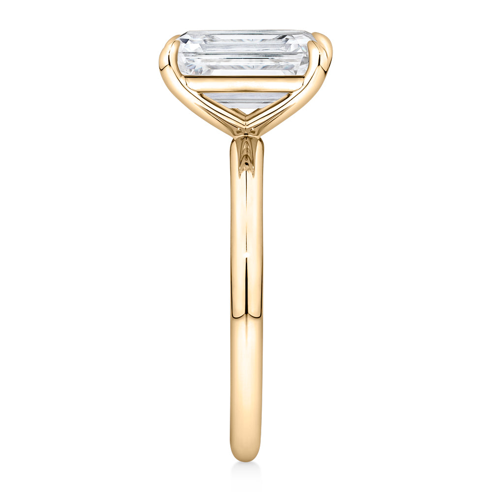 Lab-Grown Simulant, 3 carat* emerald cut solitaire engagement ring in 10 carat yellow gold