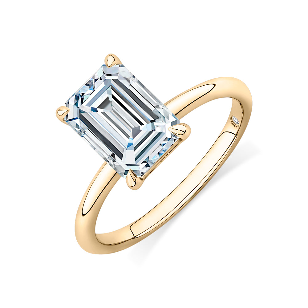 Lab-Grown Simulant, 3 carat* emerald cut solitaire engagement ring in 10 carat yellow gold