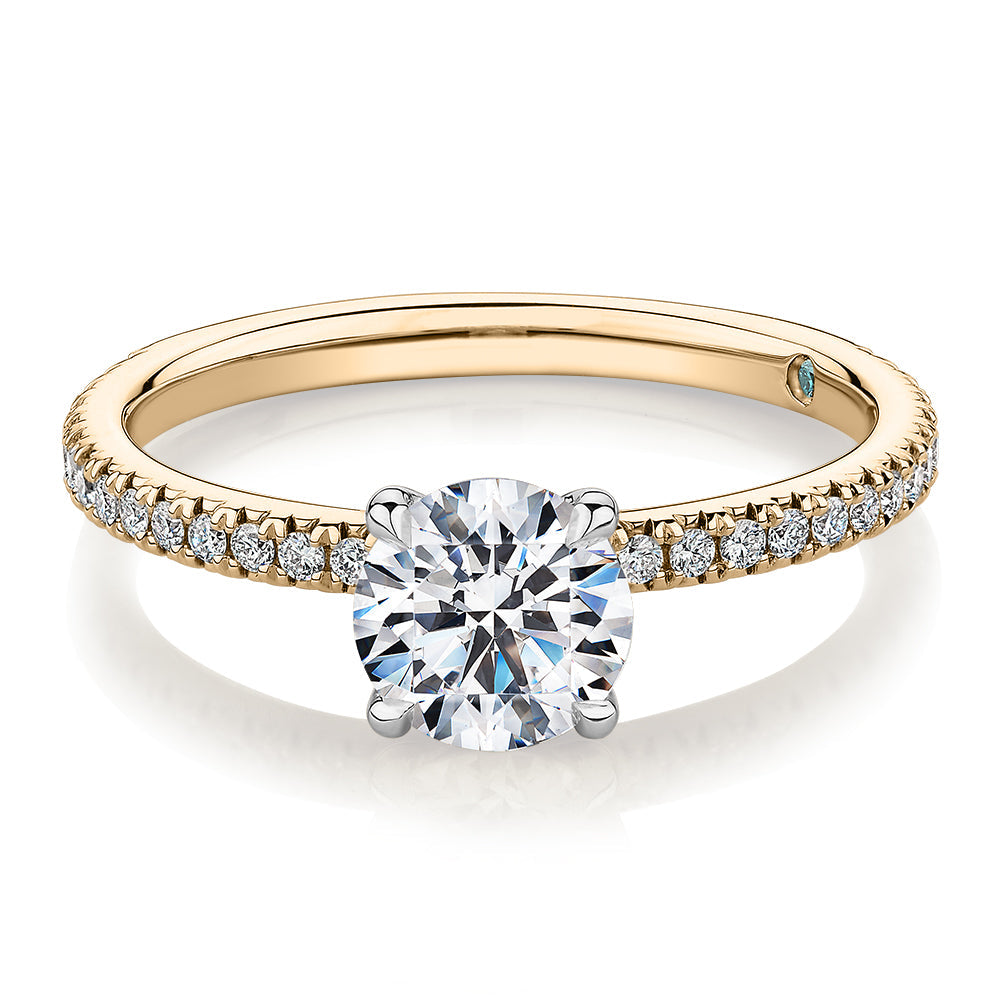Premium Certified Lab-Grown Diamond, 1.24 carat TW round brilliant shouldered engagement ring in 14 carat yellow and white gold