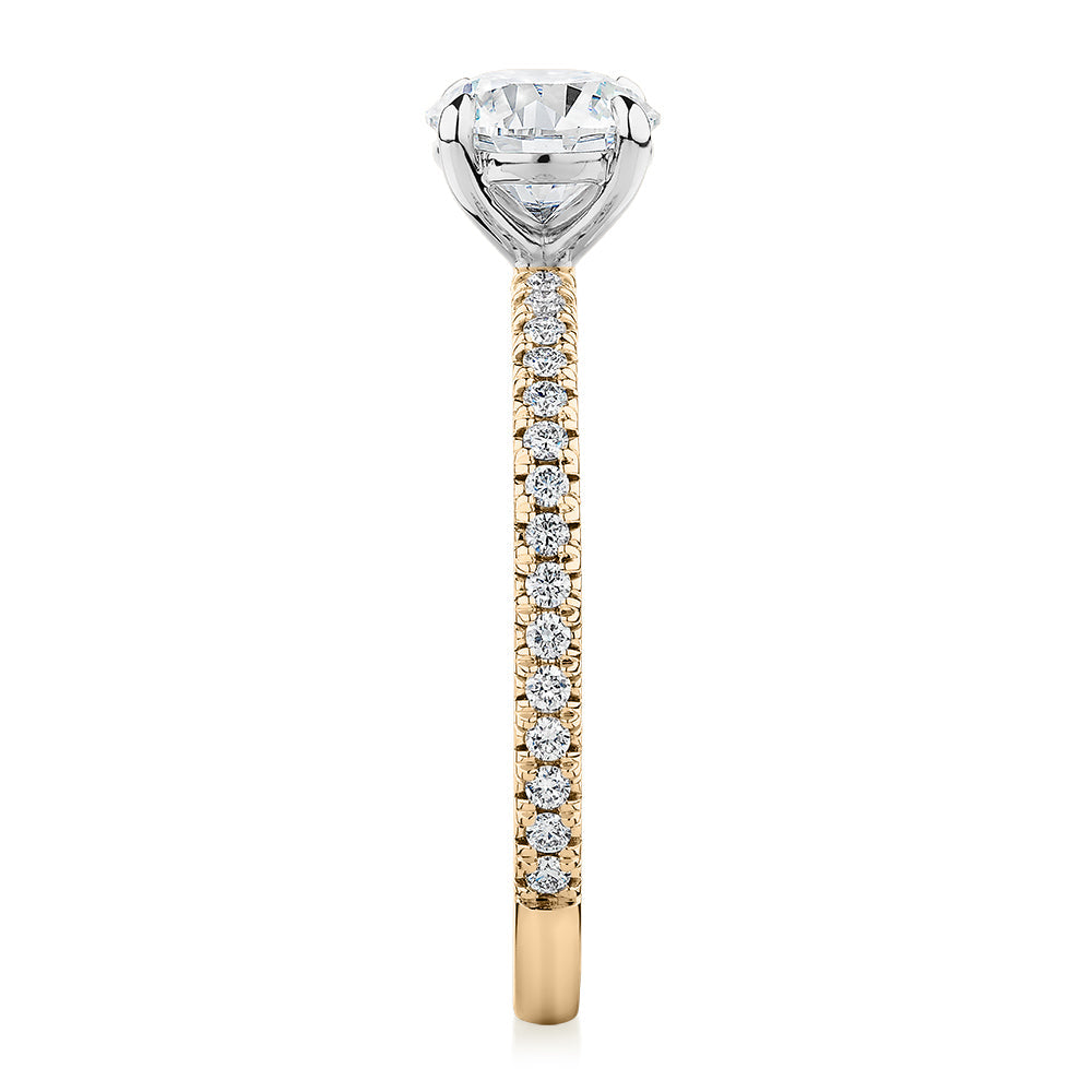 Premium Certified Lab-Grown Diamond, 1.24 carat TW round brilliant shouldered engagement ring in 14 carat yellow and white gold