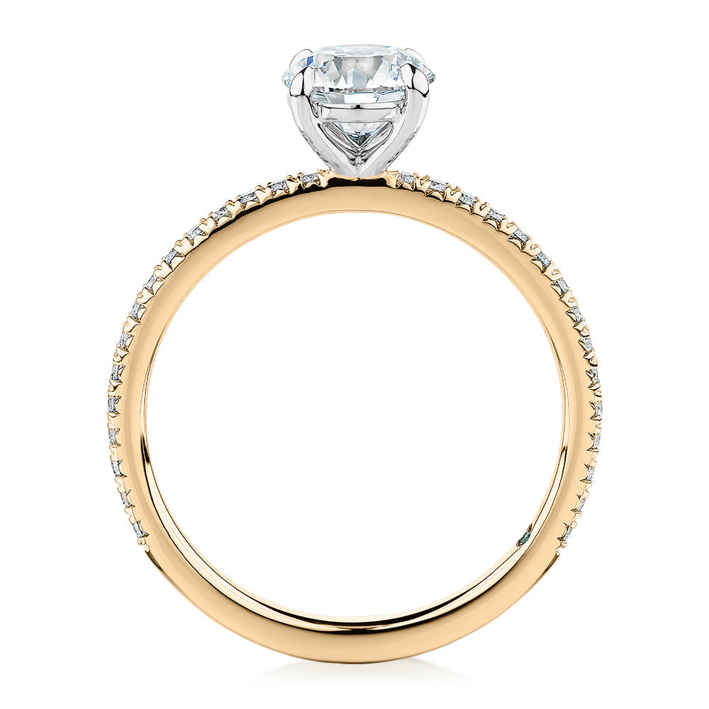 Premium Certified Lab-Grown Diamond, 1.24 carat TW round brilliant shouldered engagement ring in 14 carat yellow and white gold