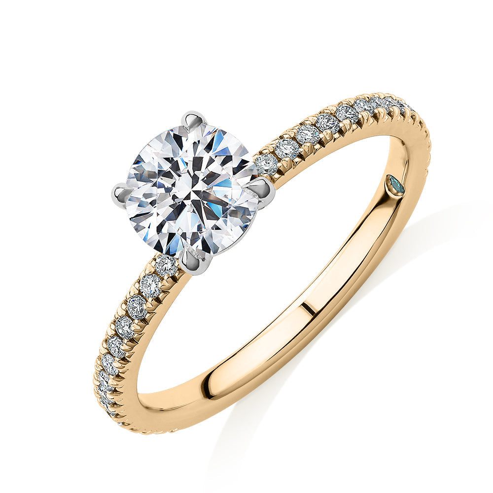 Premium Certified Lab-Grown Diamond, 1.24 carat TW round brilliant shouldered engagement ring in 14 carat yellow and white gold